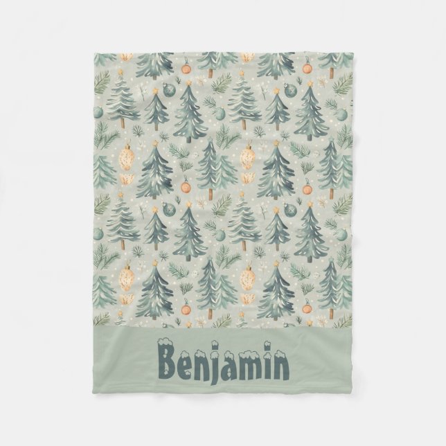 Manta Polar Navidades Nieve y árboles musgo verde con nombre (Anverso)