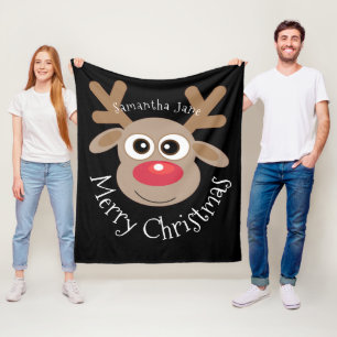 Manta Polar Navidades Personalizado de renos Nombre cute negro