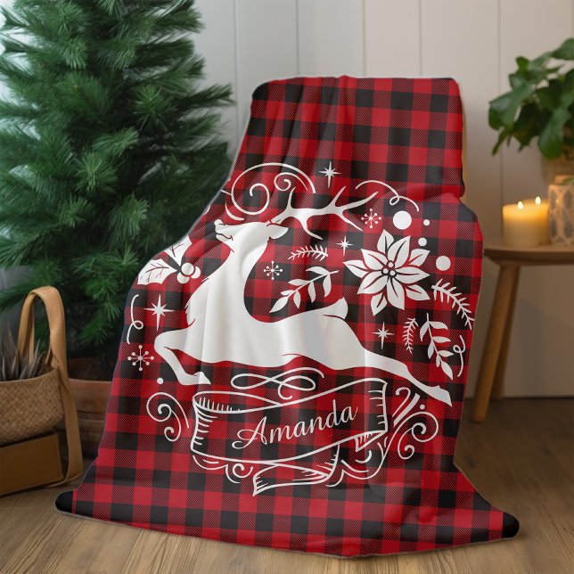 Manta Polar Navidades reno rojo baffalo plaid monograma (Subido por el creador)