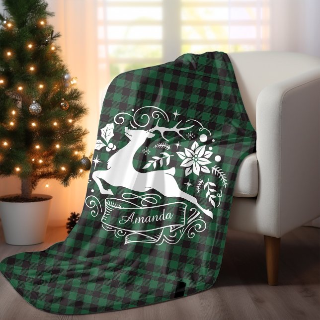 Manta Polar Navidades reno verde baffalo plaid monograma (Subido por el creador)
