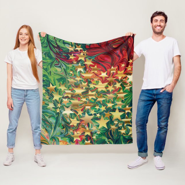 Manta Polar NAVIDADES Retro Red Green Faux Gold Stars (In situ)