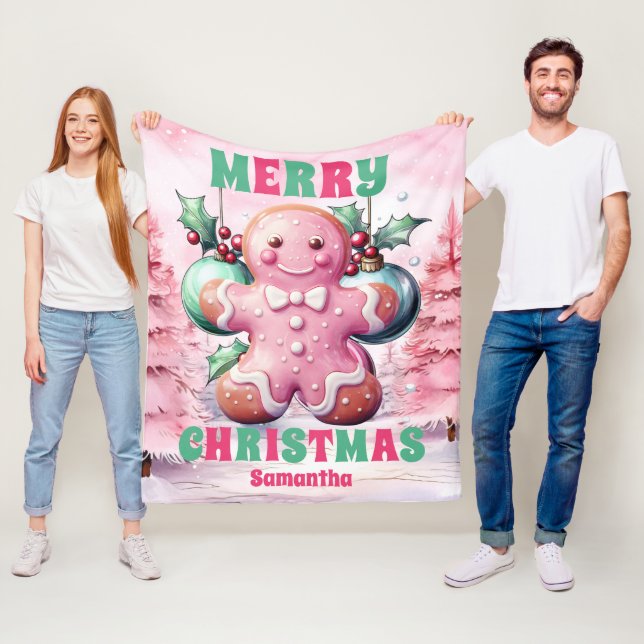 Manta Polar Navidades rosados Gingerbread Nombre de Niños Pers (In situ)