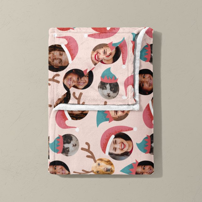 Manta Polar Navidades Rosados Silly Crean Seis Fotos (Christmas Crew six photo fleece blanket in pink and blue)