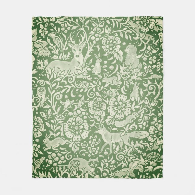 Manta Polar Navidades Rustic Green Woodland Animal Deer Fox  (Anverso)