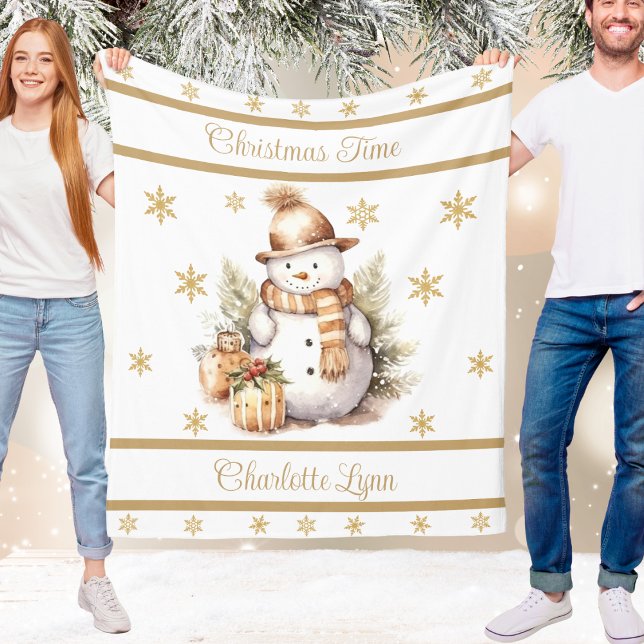 Manta Polar Navidades Snowman Blanket Con Nombre Gold (Christmas Snowman Blanket With Name Gold)