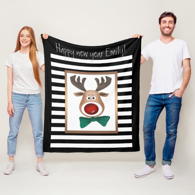 Manta Polar Navidades tarjeta de ciervo rayas blanco negro cel (In situ)