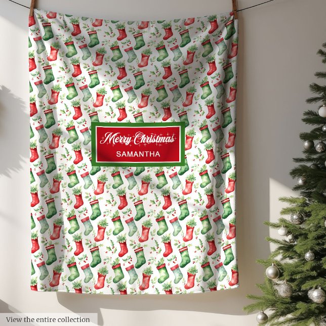 Manta Polar Navidades verdes rojos clásicos rellenando el nomb (Classic red green Christmas stocking custom name Fleece Blanket )