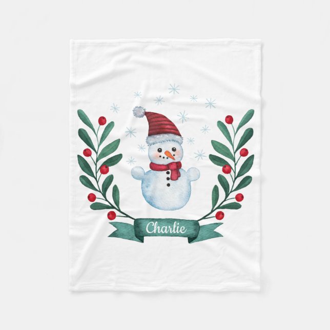 Manta Polar Navidades Watercolor Snowman Personalizado (Anverso)