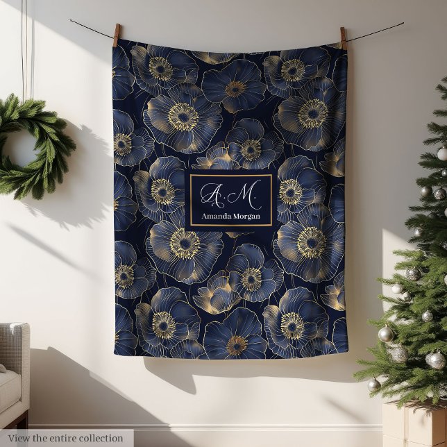 Manta Polar Navy and Gold Lux Blanket Custom Name Floral Gift (Navy and Gold Lux Blanket Custom Name Floral Gift)