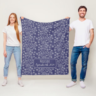 Manta Polar Navy Blue Floral Name Nacimiento Fecha bebé