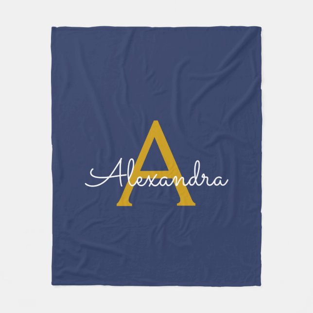 Manta Polar Navy Blue Gold Girly Script Monograma moderno (Anverso)