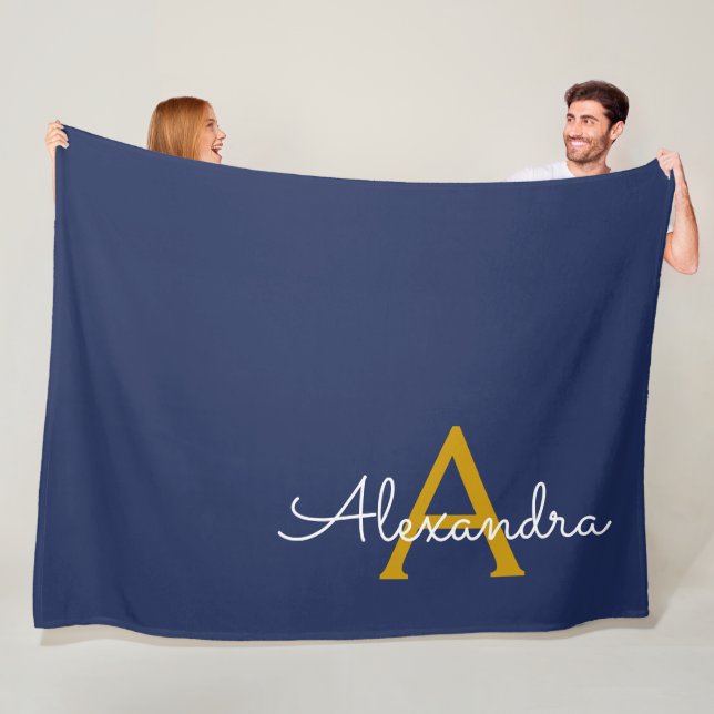 Manta Polar Navy Blue Gold Modern Script Girly Monograma Nombr (In situ)