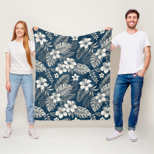 Manta Polar Navy Blue Hibiscus Monstera Tropical Botanical