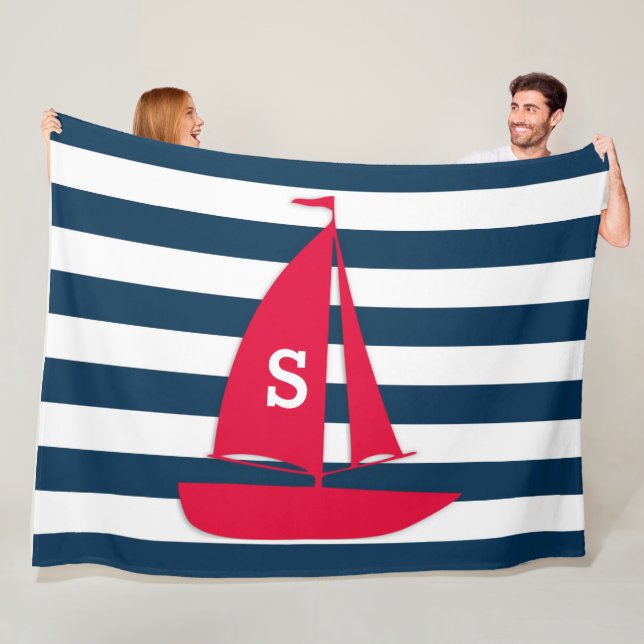Manta Polar Navy Blue White Strin Monograma Red Boat Nautical (In situ)