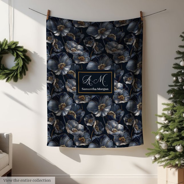 Manta Polar Navy Gold Floral Throw Elegant Monogram Blanket (Navy Gold Floral Throw Elegant Monogram Blanket)
