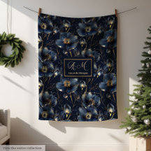 Navy Gold Flower Blanket Modern Custom Name Style