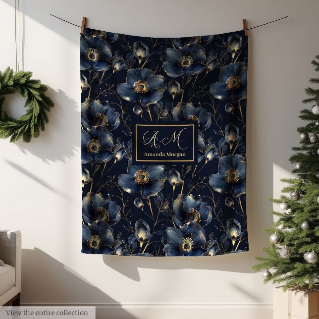 Manta Polar Navy Gold Flower Blanket Modern Custom Name Style (Navy Gold Flower Blanket Modern Custom Name Style)
