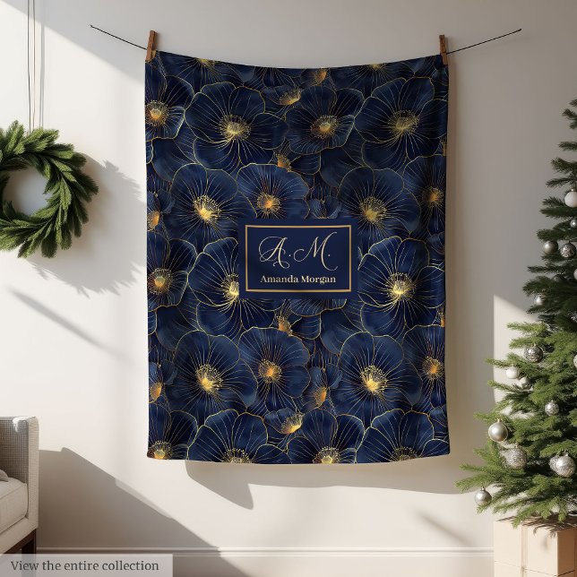 Manta Polar Navy Gold Monogram Blanket Chic Floral Decor (Navy Gold Monogram Blanket Chic Floral Decor)
