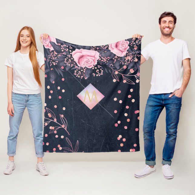 Manta Polar Navy Rosegold Monograma Regalos Girona Floral Rosa (In situ)