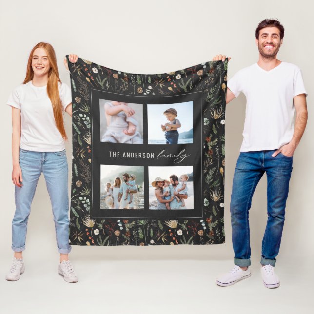 Manta Polar Negro moderno 4 foto acuarela floral botánica (In situ)