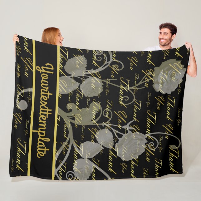 Manta Polar negro, oro, plata, gracias, flores, floral, (In situ)