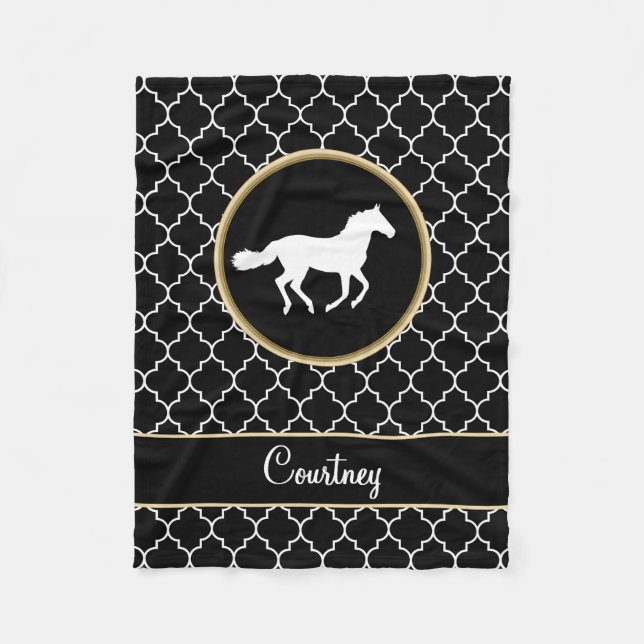 Manta Polar Negro Quatrefoil blanco de la silueta del caballo (Anverso)