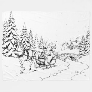 Manta Polar Negro sobre blanco, Navidades Caballo dibujó escen