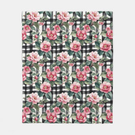 Manta Polar Negro y blanco con camellias de color rosa liso