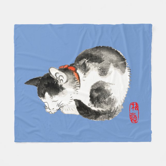 Manta Polar Negro y blanco del gato japonés que duerme (Frente (Horizontal))