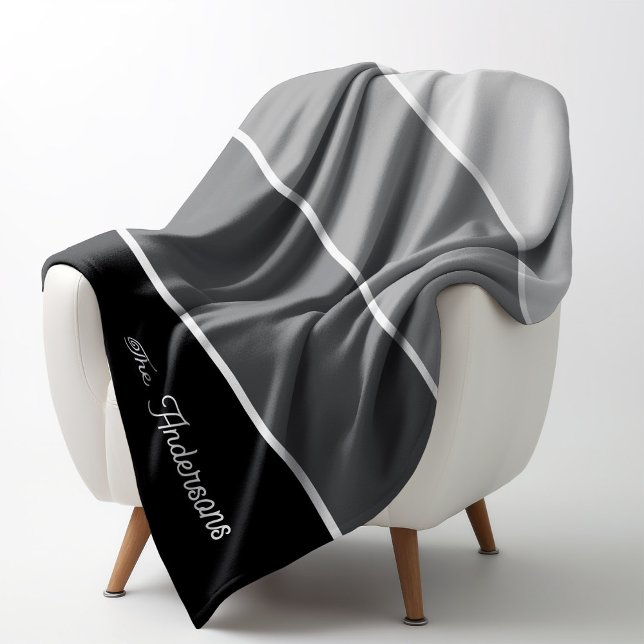 Manta Polar Negro y gris | Bandas de Ombre con guión (A modern, stylish blanket with neutral black and gray stripes and a spot for your name)
