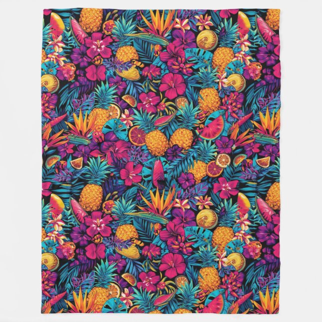 Manta Polar Neon Tropical Fruit Flower Throw Blanket (Anverso)
