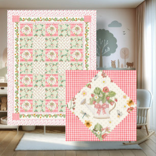 Manta Polar Niña Bebé Floral Gingham Fresas de Verano