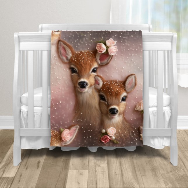 Manta Polar Niña Ciervo Floral Perla (Adorable doe and fawn deer baby blanket. )