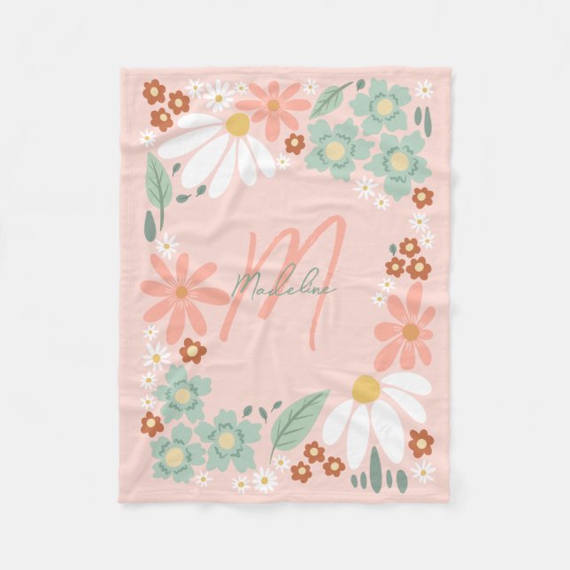Manta Polar Niñas Monograma Retro Rosa Lindo Flor Silvestre (Anverso)