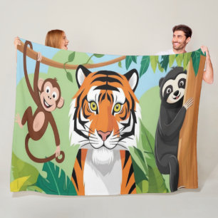 Manta Polar Niños Animales Lindo Selva Tigre Mono Pájaro