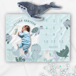 Manta Polar Niños Blue Under the Sea Monthly Milestone Baby