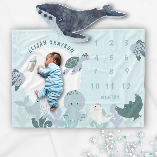 Manta Polar Niños Blue Under the Sea Monthly Milestone Baby (Subido por el creador)