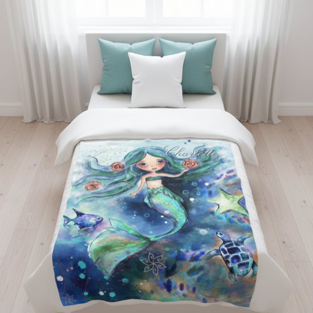 Manta Polar Niños con sirena de color de agua mágica personali (Magical Watercolor Mermaid Personalized Kids Fleece Blanket)