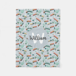 Manta Polar Niños Cute Blue Train Travel Monograma Patrón Niño