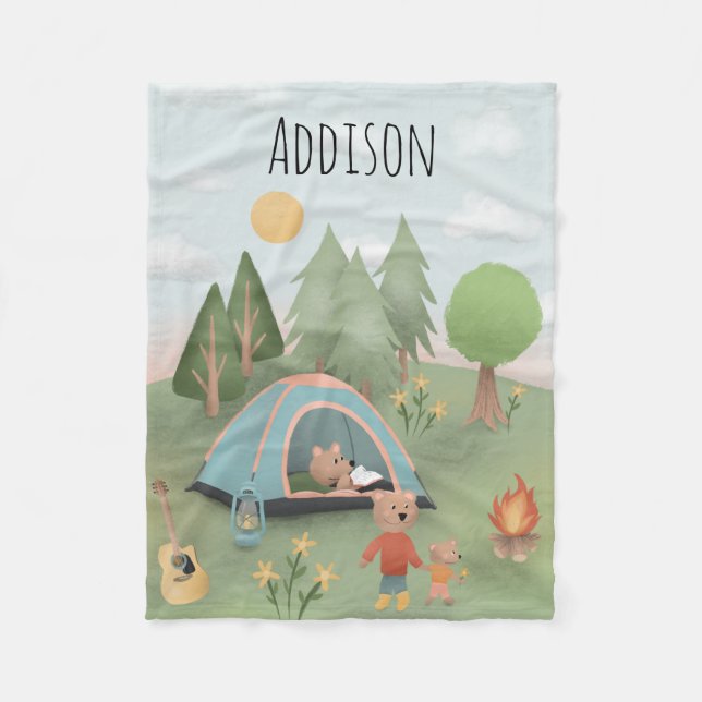 Manta Polar Niños Cute Campfire Blue Forest Bear Niños Camping (Anverso)