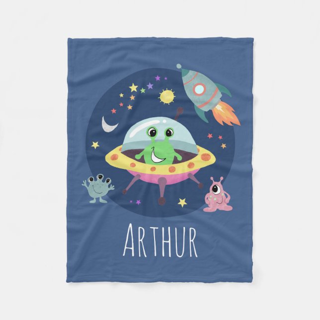 Manta Polar Niños Cute Space Alien Rocket Personalizado y Nomb (Anverso)
