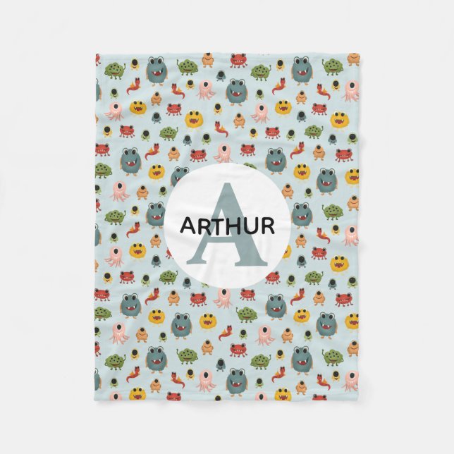 Manta Polar Niños Monstruo Azul Cute Alien Monograma Niños Mon (Anverso)