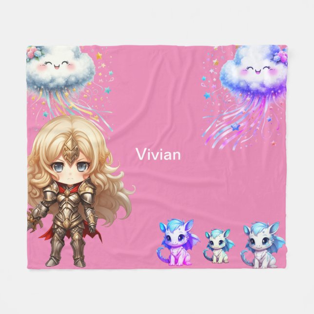 Manta Polar Noche de chica protegiendo a los bebés dragones (Frente (Horizontal))