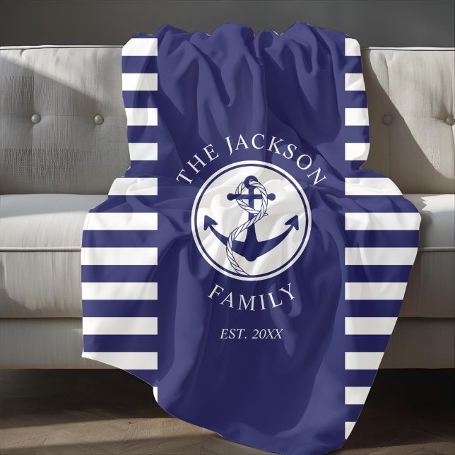 Manta Polar Nombre de familia Anclaje naumático Patrón de fran (Family Name Nautical Anchor Blue Stripes Pattern Fleece Blanket)