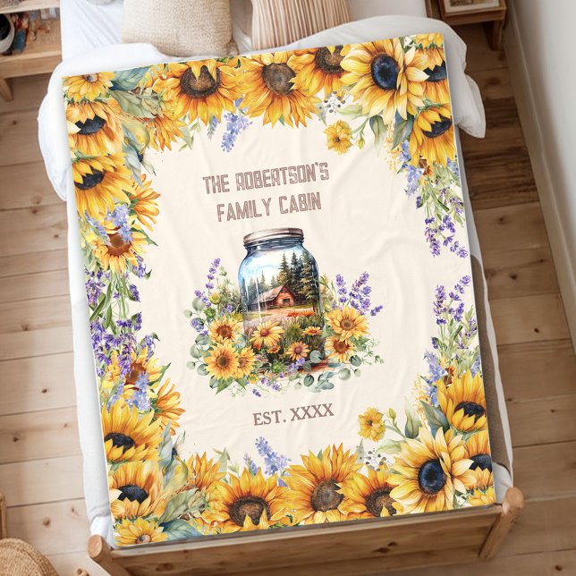 Manta Polar Nombre de familia Cabaña Granja Selva Girasol (Family Name Cabin Farmhouse Forest Sunflower Fleece Blanket)