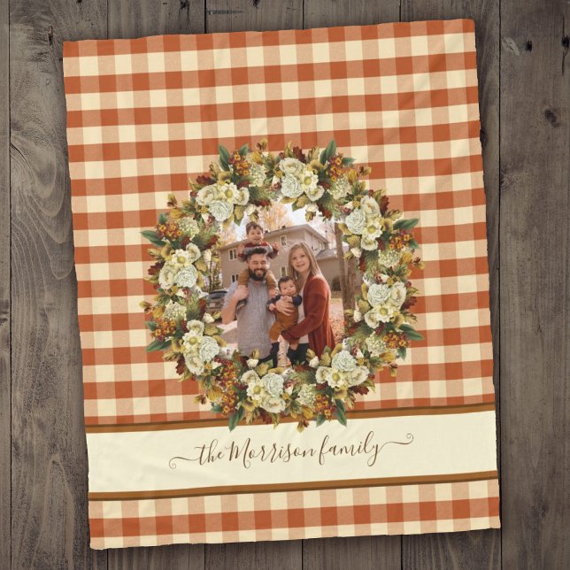Manta Polar Nombre de familia + Foto Búfalo Check Fall Floral (Family Name + Photo Buffalo Check Fall Floral Fleece Blanket
)