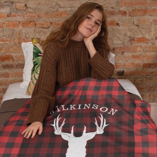 Manta Polar Nombre de familia Red Buffalo Lumberjack Plaid Lak (Red Black Gingham Deer Antler Rustic Blanket)