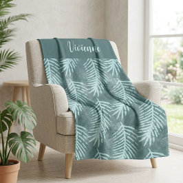 Manta Polar Nombre de hoja tropical de acuarela boho azul verd
