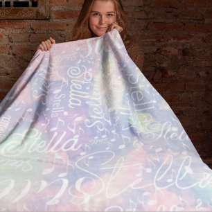 Manta Polar Nombre de la acuarela rosa azul con notas musicale