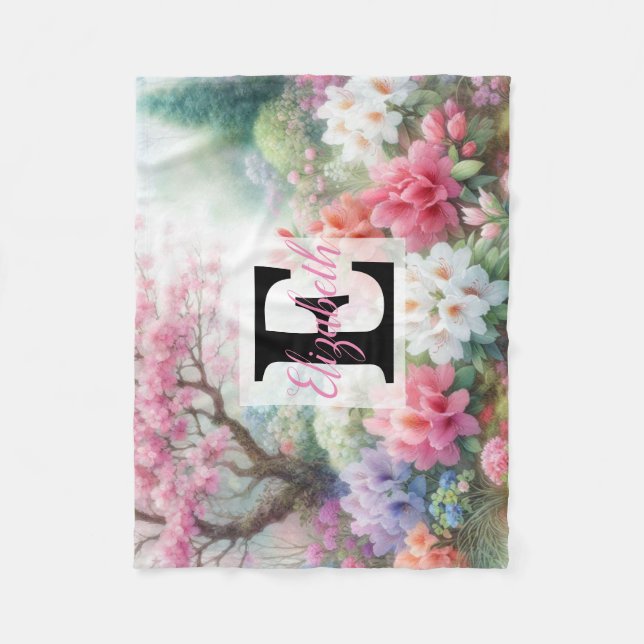 Manta Polar Nombre de monograma en acuarela Flores en pasteles (Anverso)